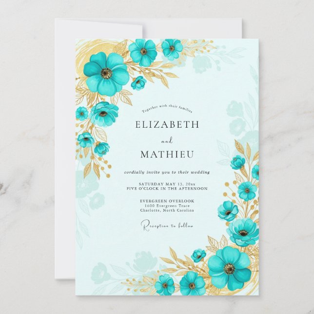 Invitación Boda Costera Dorada Turquesa Brillante (Anverso)