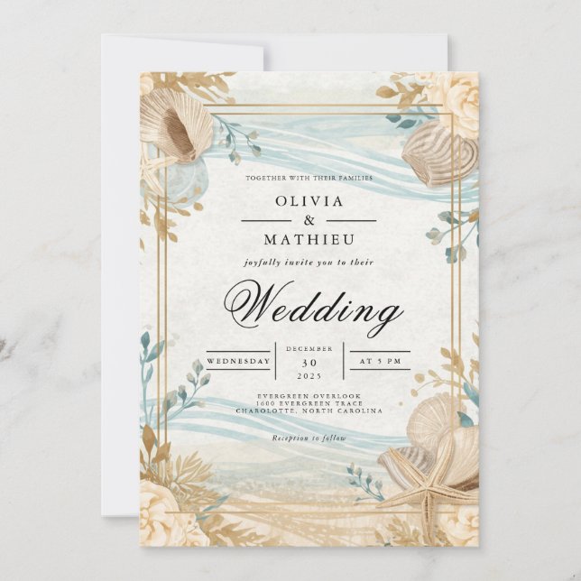Invitación Boda costera en la playa de las conchas marinas (Anverso)