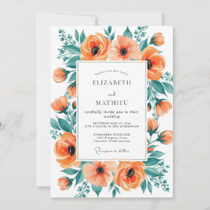 Invitación Boda costera exquisita en naranja y azul turquesa