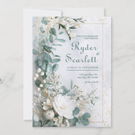 Invitación Boda Costera Floral Blanca de Eucalipto Dorado