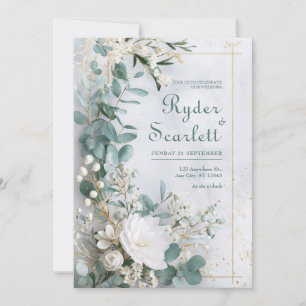 Invitación Boda Costera Floral Blanca de Eucalipto Dorado