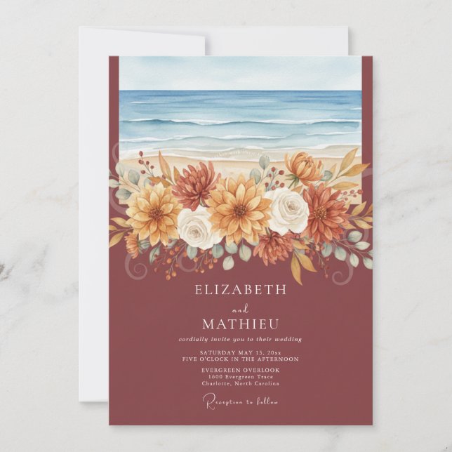 Invitación Boda costera floral de terracota (Anverso)