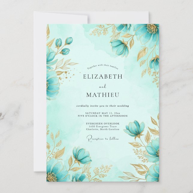 Invitación Boda Costera Lustrosa Verde Azul (Anverso)