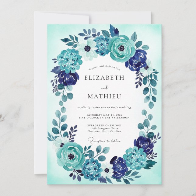 Invitación Boda Costera Radiante Azul Verde (Anverso)