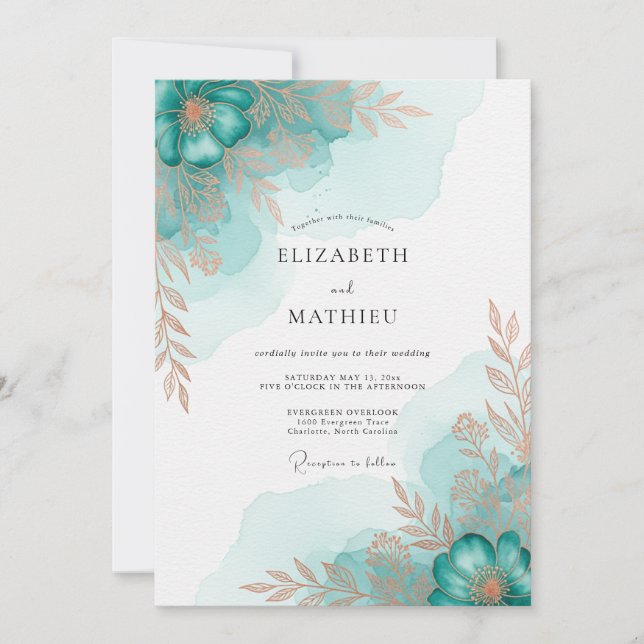 Invitación Boda Costera Refinada en Verde Azul (Anverso)