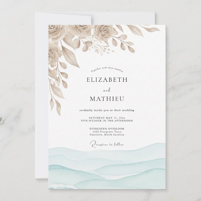 Invitación Boda Costera Serena Azul Espuma de Mar (Anverso)
