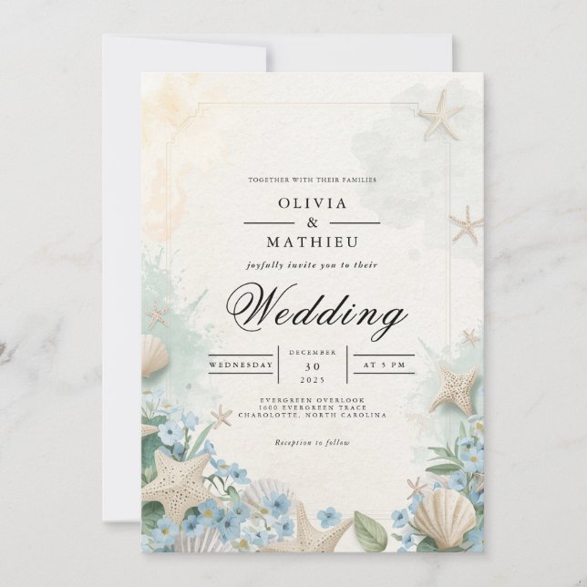 Invitación Boda costera Starfish Beach (Anverso)