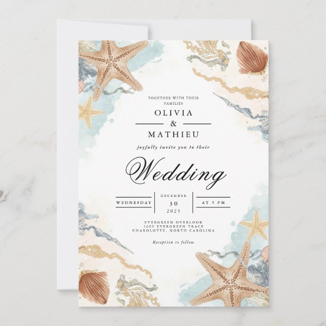 Invitación Boda costera Starfish Watercolor Beach (Anverso)