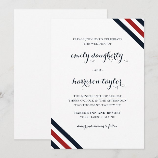 Invitación Boda costero Bandas Náuticas Rojo Azul Blanco (Anverso / Reverso)