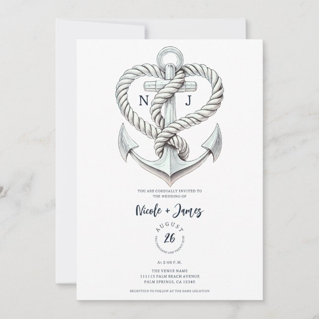 Invitación Boda costero de Ancla de Anclaje Cardíaco Náutico (Anverso)