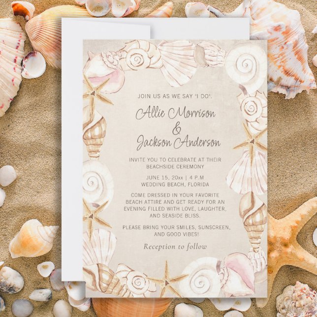 Invitación Boda costero de arena de las playas (Beach, seashells, and starfish wedding invitation)