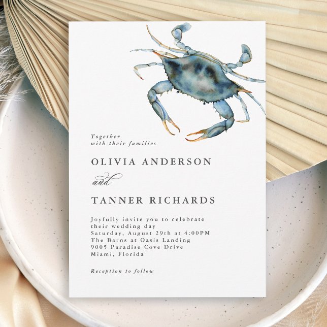 Invitación Boda costero de cangrejo azul acuarela moderna (Available in both printed and digital download formats.)