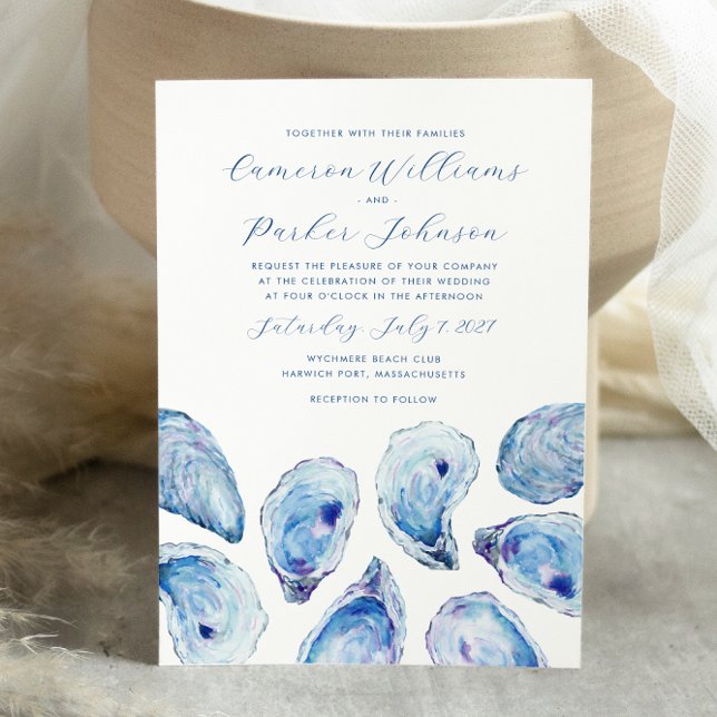 Invitación Boda costero de color ostión azul (Oyster Watercolor Wedding Invitation with elegant blue shells perfect for your coastal wedding)