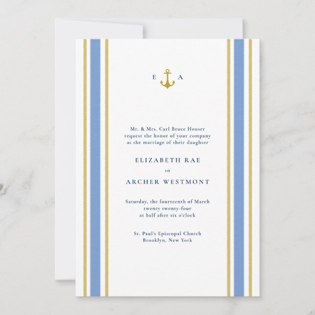 Invitación Boda costero de franjas náuticas azules de la mari (Anverso)