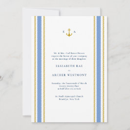 Invitación Boda costero de franjas náuticas azules de la mari
