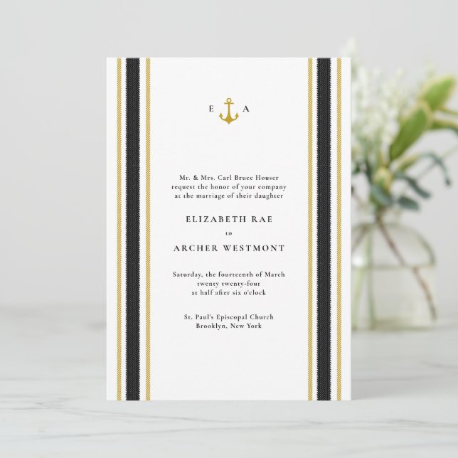 Invitación Boda costero de franjas náuticas de oro negro (Anverso de pie)