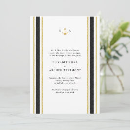 Invitación Boda costero de franjas náuticas de oro negro
