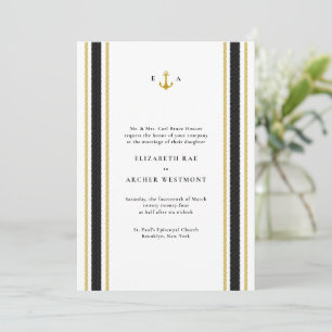 Invitación Boda costero de franjas náuticas de oro negro