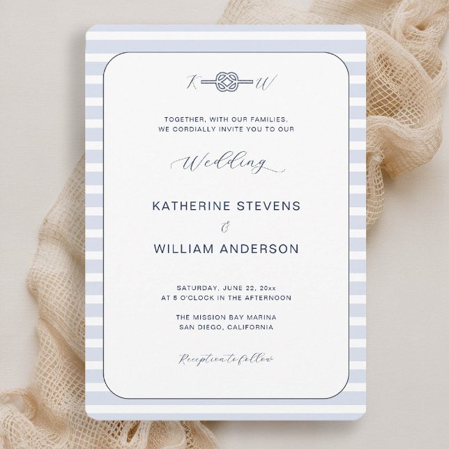 Invitación Boda costero de la caligrafía de nudo con infinito (beach wedding invitation nautical coastal blue stripes elegant modern infinity knot monograms modern)
