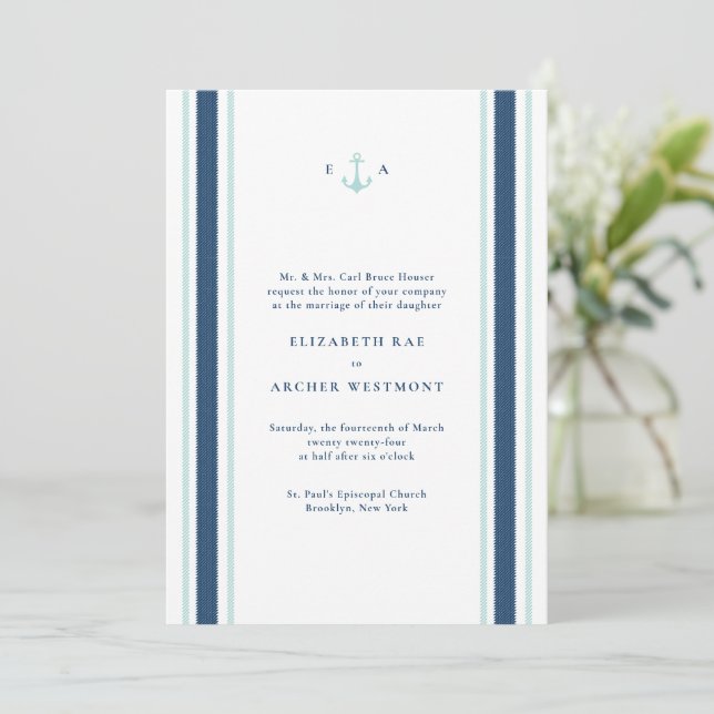Invitación Boda costero de la Marina Blue Aqua Nautical Strip (Anverso de pie)