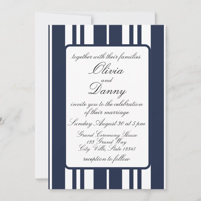 Invitación Boda costero de las franjas blancas azules de la m (Anverso)