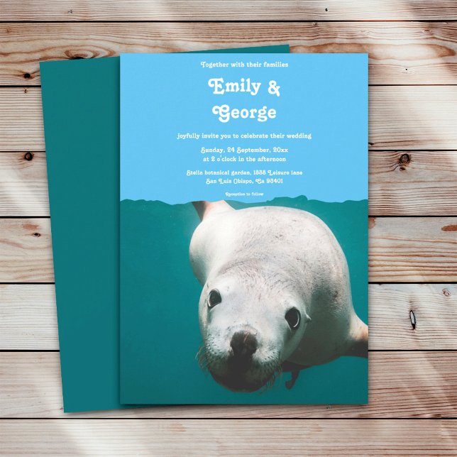 Invitación Boda costero de león acuático azul marino de la Ma (Subido por el creador)