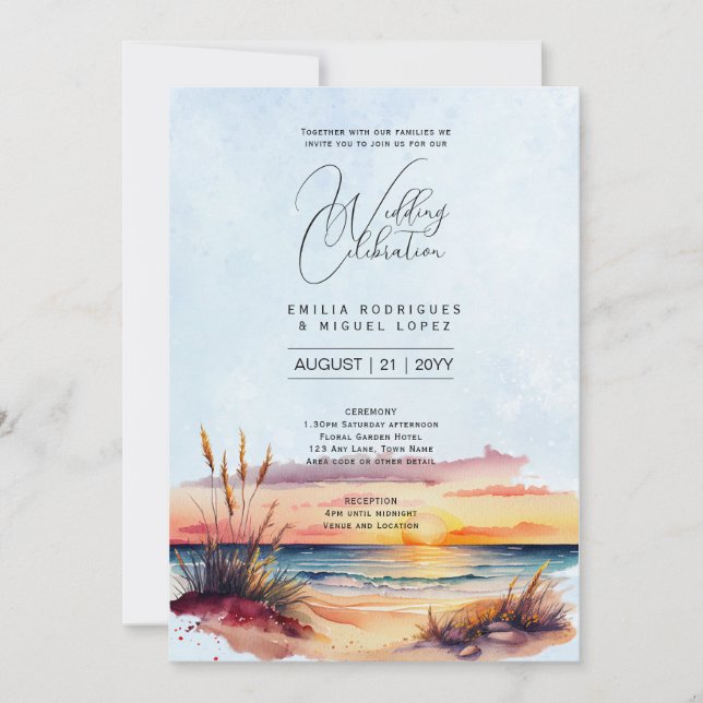 Invitación Boda costero de Sunset Beach Destination (Anverso)