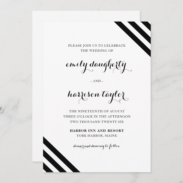 Invitación Boda costero Tiras náuticas Negro y Blanco (Anverso / Reverso)