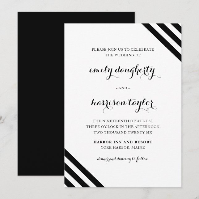 Invitación Boda costero Tiras náuticas Negro y Blanco (Anverso / Reverso)