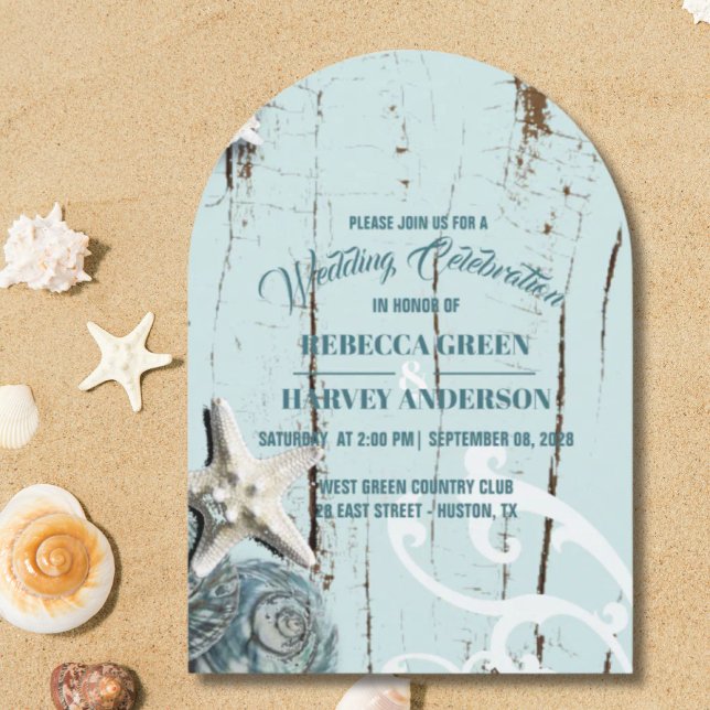 Invitación Boda costero Tropical Beach Seashell Starfish (Tropical Beach Seashell Starfish Coastal Wedding Invitation)