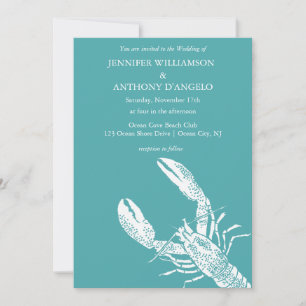 Invitación Boda costero verde azulado de langosta azul y blan