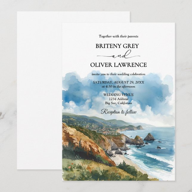 Invitación Boda costero Watercolor Big Sur California (Anverso / Reverso)
