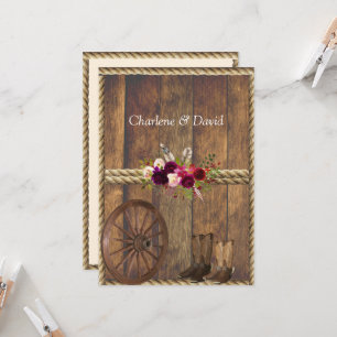 Invitación Boda Country Western Rosas Rojas Plumas Cuerda