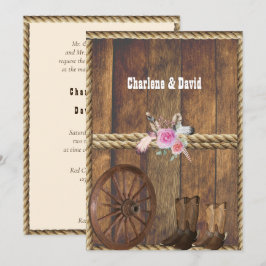 Invitación Boda Country Western Rosas Rosadas Plumas Cuerda I