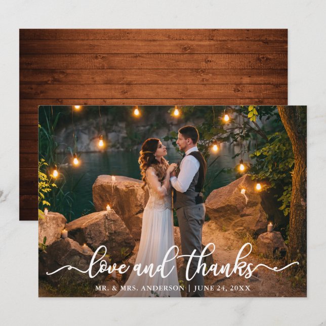 Invitación Boda Couple Photo Love and Gracias Card Wood (Anverso / Reverso)