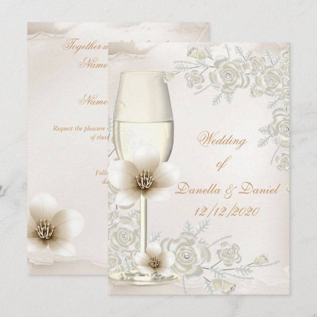 Invitación Boda Cream Sepia Champagne Glass Flowers (Anverso / Reverso)