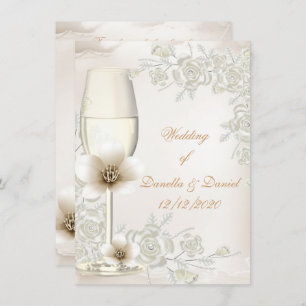 Invitación Boda Cream Sepia Champagne Glass Flowers