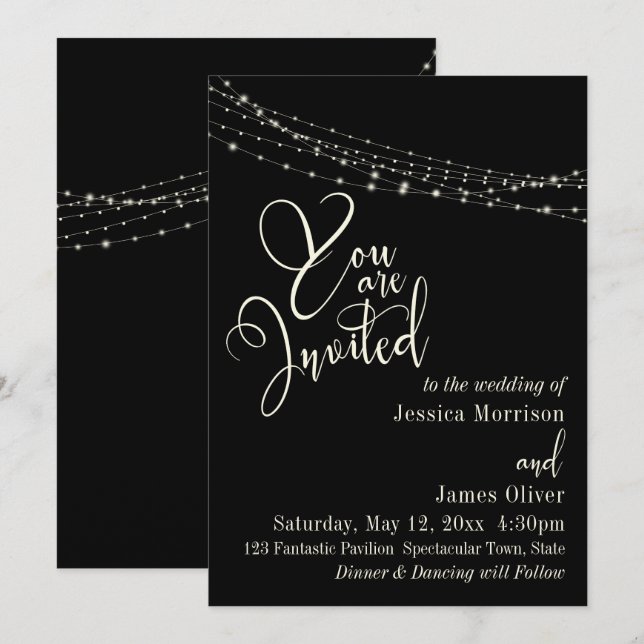 Invitación Boda Cream Typography 32 sobre negro con luces (Anverso / Reverso)