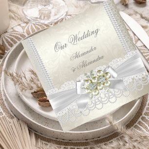 Invitación Boda Cream White Pearl Lace Damask Diamond