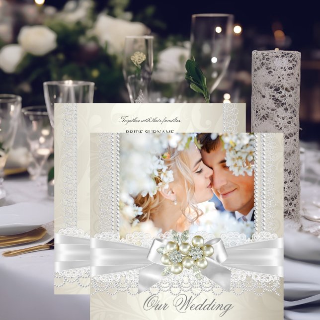 Invitación Boda Cream White Pearl Lace Damask Diamond Foto (Subido por el creador)