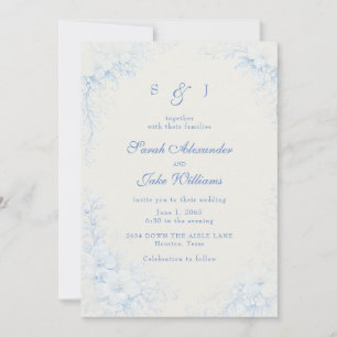 Invitación Boda crema floral chinoiserie azul