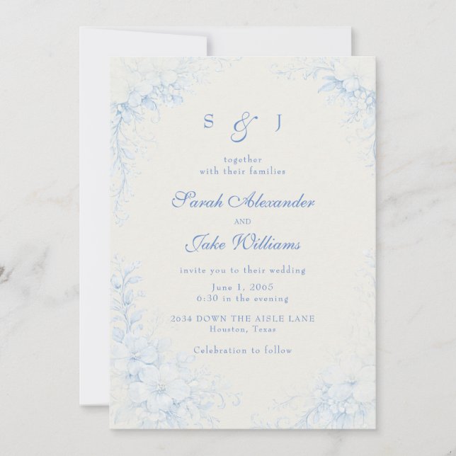 Invitación Boda crema floral chinoiserie azul (Anverso)