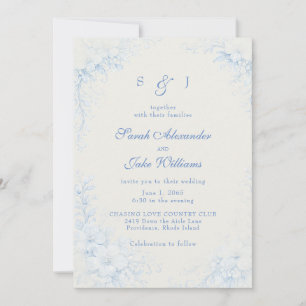Invitación Boda crema floral chinoiserie azul