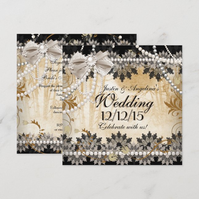 Invitación Boda Crema Negra Beige Lace Asiático Floral (Anverso / Reverso)