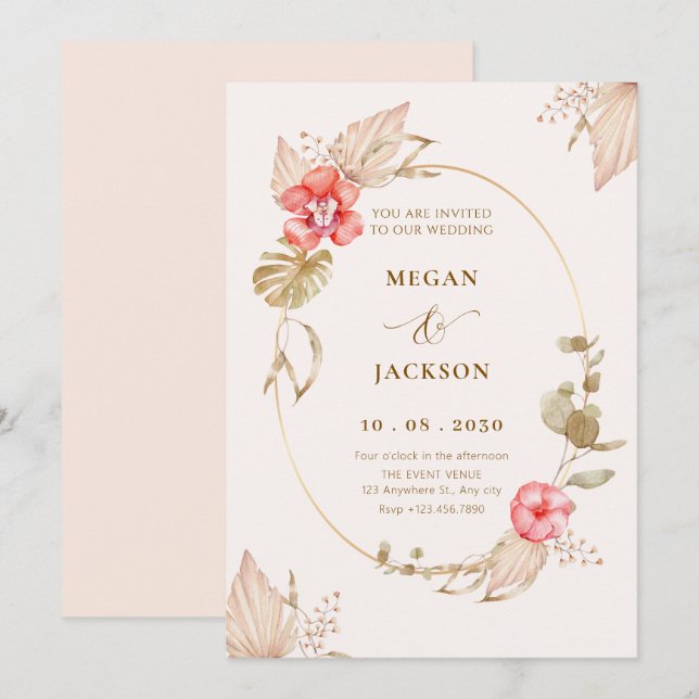 Invitación Boda crema tranquila y floral elegante (Anverso / Reverso)