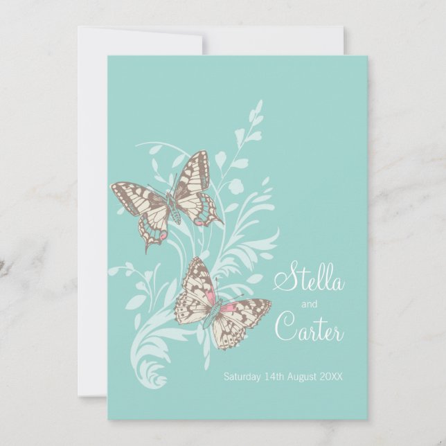 Invitación Boda crema verde azulada de las mariposas (Anverso)