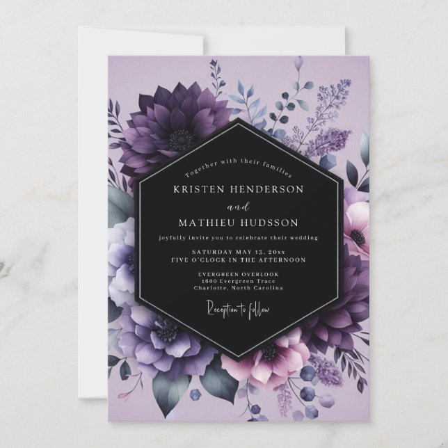 Invitación Boda Crepuscular de Flor de Berenjena (Anverso)