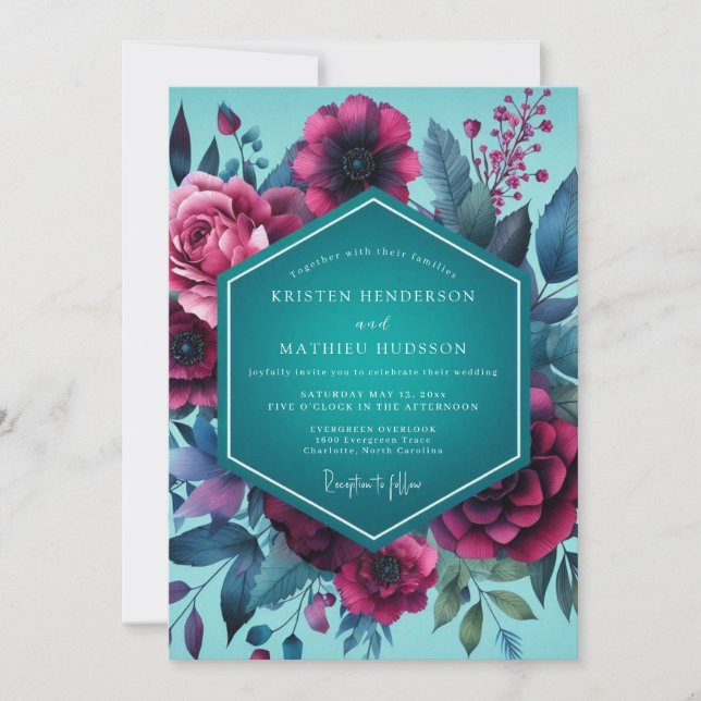 Invitación Boda crepuscular magenta y teal (Anverso)