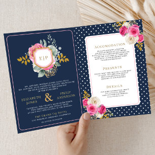 Invitación Boda Crest Navy Todo en Uno Floral Rosa Fucsia