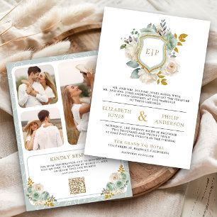 Invitación Boda Cresta de Código QR Floral Marfil Verde Salvi